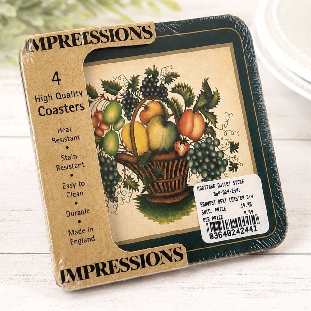 VTG 1990's Impressions Harvest Basket Coaster Set Hardboard Fall Cottagecore NOS